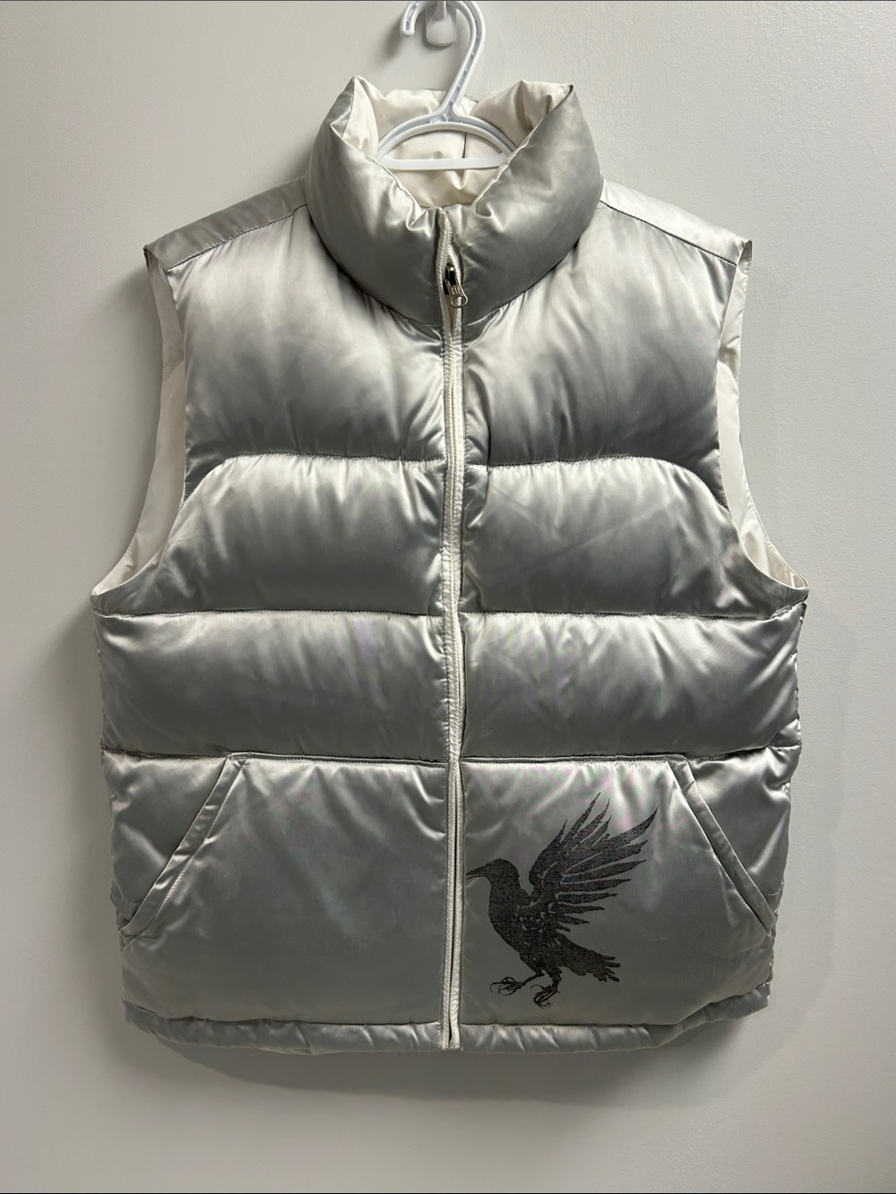 Vintage Gap Reversible Silver/White Puffer Vest with Embroidered Raven